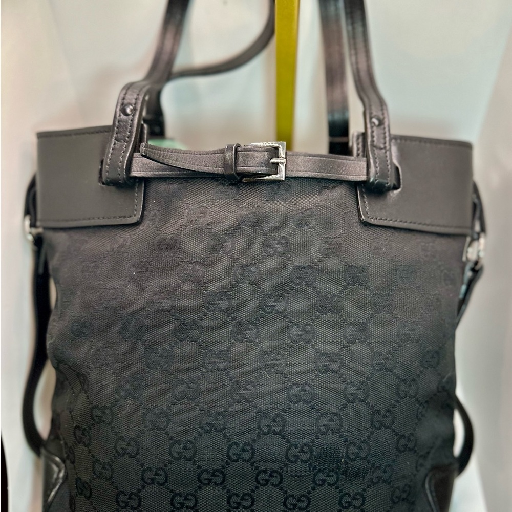 Gucci Black GG Mono Belted Shoulder Bag Bucket Tote, Silver Hardware